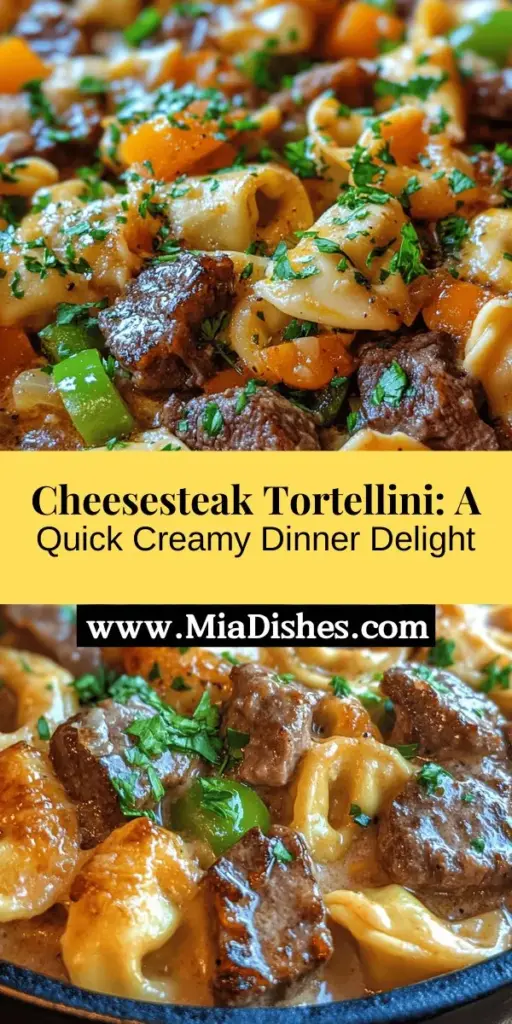 Discover the delicious Cheesesteak Tortellini, a quick and creamy twist on the classic Philly favorite! This easy recipe combines tender tortellini, juicy sirloin steak, vibrant vegetables, and melty provolone cheese in a rich sauce, all ready in under 30 minutes. Perfect for busy weeknight dinners or special occasions, it's a crowd-pleasing dish that brings comfort and flavor to your table. Try it tonight! #CheesesteakTortellini #QuickRecipes #ComfortFood #DinnerIdeas #PastaLovers #EasyCooking