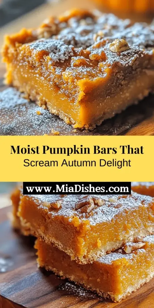 Celebrate the flavors of fall with our scrumptious soft and moist pumpkin bars. These delightful treats are packed with warm spices and the rich taste of pumpkin, making them perfect for any autumn gathering. Whether you choose to enjoy them plain or topped with cream cheese frosting, these versatile bars are sure to impress friends and family. Easy to make and even easier to love, they promise to become a seasonal favorite that everyone comes back for!