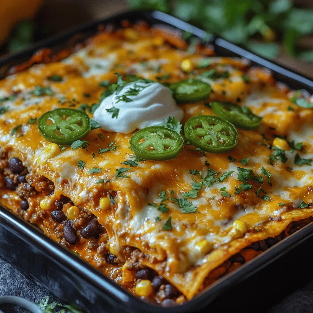 Welcome to the world of culinary creativity, where traditional recipes meet vibrant flavors to craft unforgettable dishes. Today, we are diving into a unique creation that embodies this spirit: <strong>Cheesy Mexican Lasagna Delight</strong>. This dish takes the beloved Italian classic of lasagna and intertwines it with the bold and spicy elements of Mexican cuisine, resulting in a mouthwatering fusion that is sure to impress family and friends alike.” /></p>
</p>
<h3>The Art of Layering</h3>
</p>
<p>When it comes to crafting the perfect Cheesy Mexican Lasagna Delight, the art of layering is crucial. Each ingredient plays a vital role in building depth of flavor and ensuring a delightful texture that enhances the overall experience. The key is to be mindful of how the flavors interact with one another.</p>
</p>
<p>Start with a layer of the savory meat sauce at the bottom. This provides a solid foundation that helps to keep the tortillas from becoming soggy. Next, add a layer of corn tortillas; their slightly sweet flavor and chewy texture offer a striking contrast to the rich meat sauce. Unlike traditional pasta, corn tortillas absorb moisture without becoming mushy, allowing for an authentic Mexican vibe while keeping the dish gluten-free.</p>
</p>
<p>Follow the tortillas with a generous spread of ricotta cheese mixed with spices and herbs. This creamy layer adds richness and a hint of freshness. Then, sprinkle a mixture of diced vegetables, such as bell peppers, zucchini, or corn, to introduce a burst of color and nutrients. The vegetables not only enhance the flavor but also bring in essential vitamins and minerals, making the dish more wholesome.</p>
</p>
<p>Continue layering with additional meat sauce, tortillas, cheese, and veggies until you reach the top. Finish off with a final layer of tortillas topped with a luscious blend of shredded cheese—preferably a mix of Monterey Jack and cheddar for that gooey, melt-in-your-mouth experience. Each layer should be thoughtfully considered, allowing the flavors to meld beautifully while providing a balance of textures.</p>
</p>
<h3>Baking to Perfection</h3>
</p>
<p>Once your lasagna is beautifully layered, it’s time to bake it to perfection. Preheat your oven to 375°F (190°C). To ensure even cooking and moisture retention, cover the lasagna with aluminum foil before placing it in the oven. This step is crucial as it traps steam, allowing the tortillas to soften and the flavors to meld without drying out.</p>
</p>
<p>Bake the lasagna for about 30-35 minutes covered, and then remove the foil for the last 10-15 minutes. This will allow the top layer to develop a beautiful golden-brown crust. You’ll know your Cheesy Mexican Lasagna Delight is ready when the cheese is melted, bubbly, and slightly browned. A gentle poke with a fork or knife should reveal that the center is hot and the layers are well integrated.</p>
</p>
<p>If you’re unsure, let the lasagna sit for a few minutes after removing it from the oven. This resting period allows the layers to settle, making it easier to cut into perfect squares when serving.</p>
</p>
<h3>Serving Suggestions</h3>
</p>
<p>Presentation is key when it comes to serving your Cheesy Mexican Lasagna Delight. For an inviting and vibrant plate, consider garnishing with freshly chopped cilantro and thinly sliced jalapeños for a touch of color and an extra kick of flavor. A dollop of sour cream or a sprinkle of crumbled queso fresco adds a creamy contrast that complements the spiciness of the dish.</p>
</p>
<p>Pair your lasagna with a fresh side salad featuring mixed greens, cherry tomatoes, and a zesty lime vinaigrette. The crispness of the salad will balance the richness of the lasagna, creating a well-rounded meal. Alternatively, serving a bowl of guacamole on the side not only adds a delicious creamy texture but also enhances the Mexican theme of your dinner.</p>
</p>
<p>For a more filling meal, consider adding a side of Mexican-style rice or refried beans. These traditional accompaniments not only enhance the flavor profile but also ensure your meal is satisfying and hearty.</p>
</p>
<h3>Nutritional Information</h3>
</p>
<p>One of the many benefits of the Cheesy Mexican Lasagna Delight is its balanced nutritional profile. A serving of this dish typically contains approximately 400-500 calories, depending on portion size and the specific ingredients used. The protein content is notably high, thanks to the combination of lean ground beef or turkey, beans, and cheese, providing essential amino acids crucial for muscle repair and overall health.</p>
</p>
<p>Additionally, the inclusion of vegetables such as bell peppers and zucchini contributes valuable fiber, aiding digestion and promoting satiety. The corn tortillas offer a gluten-free carbohydrate source, providing energy without the heaviness of traditional pasta.</p>
</p>
<p>Moreover, the vitamins and minerals found in the vegetables—such as vitamin C from bell peppers and potassium from zucchini—help to boost your immune system and overall well-being. This balance of protein, fiber, and nutrient-rich ingredients makes the Cheesy Mexican Lasagna Delight not just a delicious meal but a wholesome one too.</p>
</p>
<h3>Variations and Customizations</h3>
</p>
<p>One of the most appealing aspects of the Cheesy Mexican Lasagna Delight is its versatility. Feel free to explore different variations to suit your dietary preferences or to experiment with new flavors. For a vegetarian option, consider replacing the meat with a combination of black beans, lentils, or sautéed mushrooms—each of these options brings a hearty texture and rich flavor.</p>
</p>
<p>If you’re looking for a vegan alternative, swap out the cheese for a plant-based option like cashew cheese or nutritional yeast, which can deliver a cheesy flavor without the dairy. You can also include a variety of vegetables, such as spinach, kale, or artichokes, to add even more color and nutrients to the dish.</p>
</p>
<p>Experimenting with different types of cheese can also yield exciting results. Try using pepper jack for a bit of heat, or goat cheese for a tangy twist. The key is to maintain the core essence of the dish while allowing your creativity to shine through.</p>
</p>
<h3>Conclusion</h3>
</p>
<p>In summary, the Cheesy Mexican Lasagna Delight is a celebration of flavors and textures that brings the warmth of Mexican cuisine to your dinner table. From the artful layering of ingredients to the careful baking process, each step contributes to a dish that is not only visually appealing but also incredibly satisfying.</p>
</p>
<p>Whether you’re enjoying a quiet family dinner or hosting friends for a special occasion, this lasagna is sure to impress. Its versatility ensures that you can customize it to suit any dietary need or personal taste, making it a beloved addition to any home cook’s repertoire.</p>
</p>
<p>So gather your ingredients, roll up your sleeves, and get ready to create a meal that is as delightful to make as it is to eat. The Cheesy Mexican Lasagna Delight is more than just a dish; it’s an experience to be shared and savored.</p>
</div>