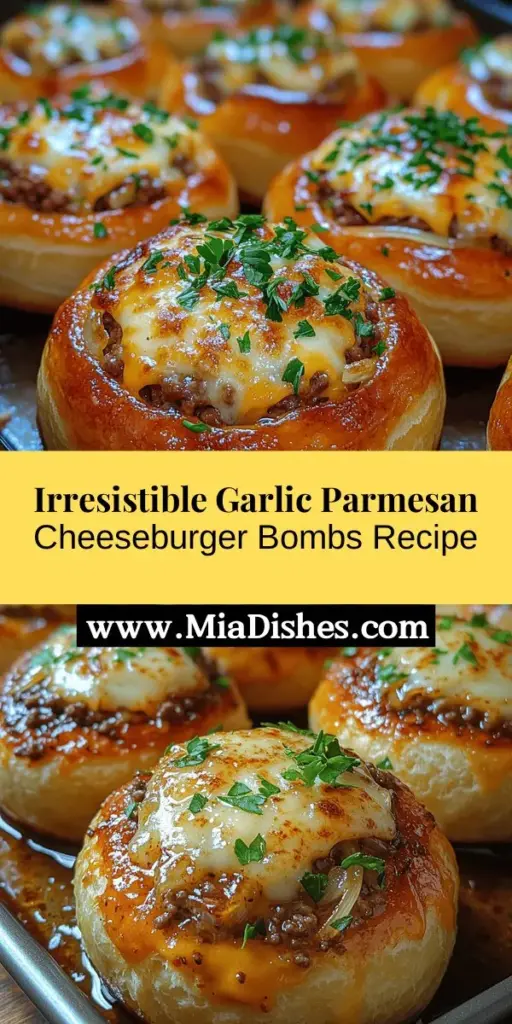 Discover a new favorite with Garlic Parmesan Cheeseburger Bombs! This easy recipe combines the classic flavors of a cheeseburger in a fun, portable format. Enjoy savory ground beef, melted cheddar, and aromatic garlic all wrapped in flaky pastry, topped with a buttery garlic Parmesan blend. Perfect for parties, game days, or a cozy family meal, these delicious treats are customizable and sure to impress everyone at the table. Try them out for your next gathering!