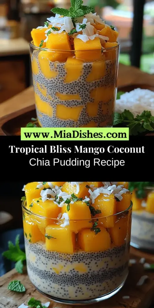 Discover the tropical delight of Tropical Bliss Mango Coconut Chia Pudding, a refreshing dessert perfect for any health-conscious sweet tooth. This easy recipe combines creamy coconut milk, nutritious chia seeds, and sweet ripe mangoes, creating a nutritious treat that’s both visually stunning and delicious. Learn how to whip up this indulgent yet healthy pudding in just a few simple steps, and enjoy its numerous health benefits for breakfast or dessert. Dive into a burst of tropical flavors today!