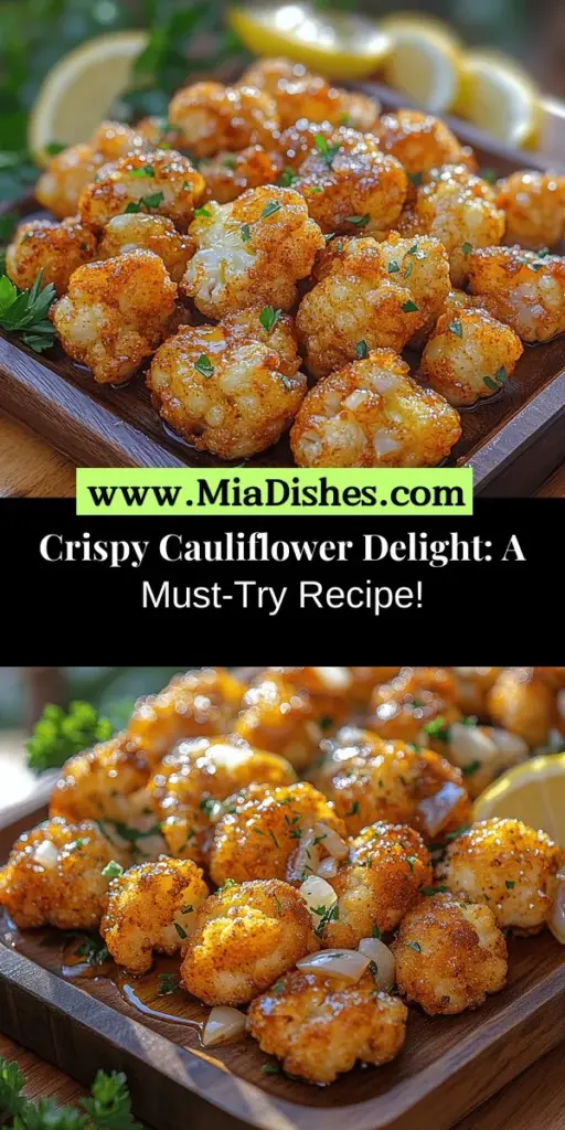 Discover the deliciousness of Crispy Cauliflower Delight, a versatile dish that turns humble cauliflower into a flavorful treat. Perfect as a snack, side dish, or main course, this recipe features a golden, crispy exterior and tender florets bursting with nutrients. With a delightful blend of chickpea and rice flour, combined with spices, each bite is a celebration of taste and texture. Enjoy it baked or fried and pair with your favorite dipping sauces for an unforgettable culinary experience. Embrace a healthier lifestyle while savoring the joys of this scrumptious dish.