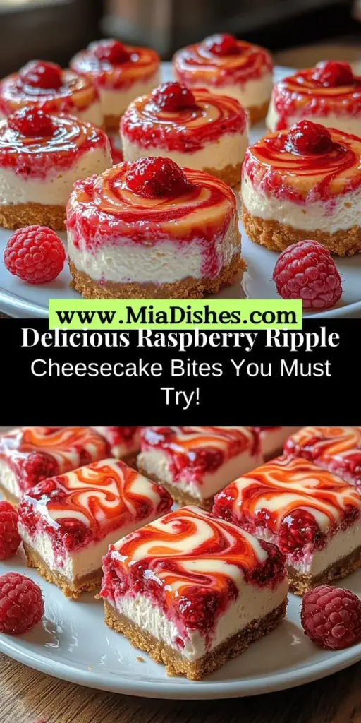 Discover the joy of making Raspberry Ripple Cheesecake Bites, a stunning dessert that combines creamy cheesecake with the tartness of raspberries. Perfect for any occasion, these bite-sized treats are as visually appealing as they are delicious. This easy recipe guides you through creating a graham cracker crust, a rich cheesecake filling, and a vibrant raspberry swirl. Indulge your guests and yourself with this delightful treat that’s sure to impress.
