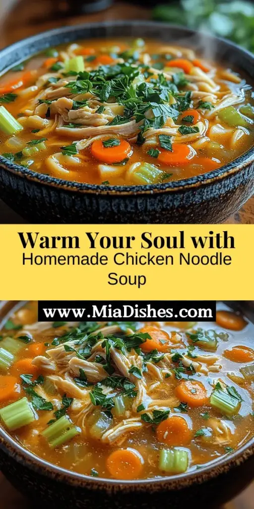 Discover the ultimate bowl of comfort with this classic chicken noodle soup recipe. Perfect for chilly nights or when you need a hug in a bowl, this homemade dish is packed with wholesome ingredients like tender chicken, aromatic vegetables, and flavor-rich broth. Easy to prepare and customizable to your taste, it's a nourishing meal that brings families together. Experience the warmth and love that comes from cooking and savoring this comforting favorite.