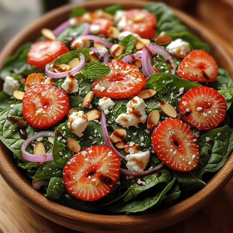 In our journey toward a balanced diet, fresh salads play a pivotal role. They not only offer a vibrant array of textures and flavors, but they are also packed with essential nutrients that contribute to our overall well-being. One standout recipe that embodies these principles is the Berry Bliss Spinach Salad. This delightful concoction artfully combines the sweetness of ripe strawberries, the creaminess of crumbled feta cheese, the satisfying crunch of toasted almonds, and the earthiness of fresh spinach.