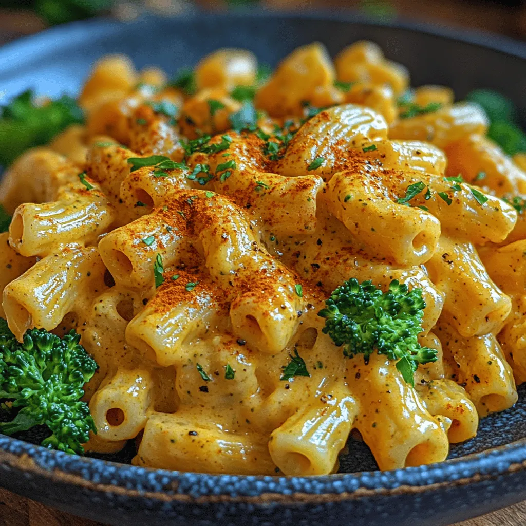 <strong>Elbow Macaroni:</strong>” /></p>
</p>
<h3>Combining the Pasta and Sauce</h3>
</p>
<p>Once your pasta is cooked to perfection, it’s time to bring the creamy vegan cheese sauce into play. The key to a successful mac and cheese lies in the technique used to combine the pasta and sauce, ensuring every noodle is evenly coated and infused with flavor.</p>
</p>
<p>1. <strong>Techniques for Even Coating</strong>:</p>
<p>Begin by draining the pasta, making sure to reserve a cup of the pasta water. This starchy water can help adjust the sauce’s consistency. In a large mixing bowl, combine the cooked pasta and the cheese sauce. Using a large spoon or spatula, gently fold the pasta into the sauce rather than stirring vigorously. This technique helps to keep the noodles intact while ensuring they receive a generous coating of sauce. If the sauce appears too thick, gradually add a splash of the reserved pasta water until you achieve your desired creaminess.</p>
</p>
<p>2. <strong>Ensuring a Harmonious Blend of Flavors</strong>:</p>
<p>To enhance the flavor profile, consider adding a pinch of salt and freshly cracked black pepper. For a touch of acidity, a squeeze of lemon juice can brighten up the dish, balancing the richness of the cheese sauce. If you prefer a bit of heat, a dash of red pepper flakes or a few dashes of hot sauce can elevate the dish without overpowering the classic mac and cheese flavor. Taste your dish before serving and adjust the seasoning as necessary.</p>
</p>
<h3>Heating and Serving Your Dish</h3>
</p>
<p>Now that your creamy vegan mac and cheese is perfectly combined, you might consider heating it to ensure it’s served warm and cozy.</p>
</p>
<p>1. <strong>Proper Heating Methods to Retain Creaminess</strong>:</p>
<p>If you’re preparing your mac and cheese ahead of time, gently reheat it on the stove over low heat. Add a splash of plant-based milk or reserved pasta water to help restore the sauce’s creaminess as it warms. Stir frequently to prevent sticking and ensure even heating. Alternatively, if using a microwave, heat in short bursts, stirring in between to keep the texture smooth.</p>
</p>
<p>2. <strong>Suggestions for Garnishing and Adding Nutrition</strong>:</p>
<p>Presentation is key, so consider garnishing your dish with chopped fresh herbs such as parsley or chives for a pop of color and freshness. Nutritional yeast can also be sprinkled on top for an added cheesy flavor and a boost of B vitamins. If you want to include some extra nutrients, consider adding sautéed vegetables like spinach, broccoli, or bell peppers. These not only enhance the nutritional value but also add texture and color to your mac and cheese.</p>
</p>
<h3>Nutritional Benefits of Creamy Vegan Mac and Cheese</h3>
</p>
<p>Creamy vegan mac and cheese is not just indulgent; it also brings a host of nutritional benefits that make it a smart choice for health-conscious eaters.</p>
</p>
<h4>Overview of Health Benefits</h4>
</p>
<p>1. <strong>Nutritional Breakdown of Key Ingredients</strong>:</p>
<p>The primary ingredients in this dish—nuts, cashews, nutritional yeast, and plant-based milk—are packed with health benefits. Cashews provide healthy fats and proteins, while nutritional yeast is a fantastic source of B vitamins, including B12, which is particularly important for those following a vegan diet. The use of whole grain pasta increases fiber content, promoting digestive health and keeping you feeling full longer.</p>
</p>
<p>2. <strong>Benefits of a Plant-Based Diet</strong>:</p>
<p>Adopting a plant-based diet can have numerous health advantages. Studies suggest that plant-based eating patterns are associated with improved heart health, reduced cholesterol levels, and lower risks of chronic diseases such as diabetes and hypertension. Moreover, a diet rich in fruits, vegetables, whole grains, and legumes can aid in weight management and promote overall well-being.</p>
</p>
<h3>Customization Options</h3>
</p>
<p>One of the joys of making creamy vegan mac and cheese is the endless customization possibilities. Here are some ideas to personalize your dish according to your taste preferences and nutritional needs.</p>
</p>
<p>1. <strong>Adding Protein</strong>:</p>
<p>If you’re looking to boost the protein content of your mac and cheese, consider incorporating beans, lentils, or cubed tofu. Black beans or chickpeas can add a hearty texture and additional fiber, while lentils provide a rich source of plant-based protein. For a quick protein fix, toss in some crumbled tempeh or marinated tofu for a satisfying bite.</p>
</p>
<p>2. <strong>Vegetable Variations</strong>:</p>
<p>Adding vegetables not only elevates the taste but also enhances the nutritional profile of your dish. Broccoli, peas, or roasted red peppers make excellent additions. Each of these options brings different vitamins and minerals, contributing to a well-rounded meal. Don’t hesitate to experiment with seasonal vegetables to keep things fresh and exciting.</p>
</p>
<p>3. <strong>Spice It Up</strong>:</p>
<p>To take your creamy vegan mac and cheese to the next level, consider incorporating various herbs and spices. A pinch of smoked paprika can add a delightful smokiness, while garlic powder or onion powder can deepen the flavor. Fresh herbs like basil or oregano can also provide a burst of flavor that complements the creaminess of the sauce. You could also try a hint of mustard for a tangy kick or nutritional yeast for that extra cheesy flavor.</p>
</p>
<h3>Environmental and Ethical Considerations</h3>
</p>
<p>Switching to a plant-based diet goes beyond personal health; it also has significant environmental and ethical implications.</p>
</p>
<p>1. <strong>The Impact of a Plant-Based Diet</strong>:</p>
<p>Embracing a vegan lifestyle can dramatically reduce your carbon footprint. Plant-based diets generally require less land and water compared to livestock farming, leading to decreased greenhouse gas emissions. By choosing vegan options like creamy mac and cheese, you are contributing to a more sustainable food system.</p>
</p>
<p>2. <strong>Animal Welfare and Ethical Eating</strong>:</p>
<p>Opting for plant-based meals aligns with a commitment to animal welfare. By reducing the demand for animal products, you contribute to a decrease in animal suffering and the exploitation of livestock. Choosing cruelty-free foods is a powerful statement that promotes ethical eating choices and supports humane farming practices.</p>
</p>
<h3>Conclusion</h3>
</p>
<p>Creamy vegan mac and cheese is not just a meal; it’s a testament to the versatility and deliciousness of plant-based cooking. With its rich flavor, creamy texture, and nutritional benefits, this dish is sure to satisfy cravings while aligning with a more sustainable lifestyle. Whether you’re enjoying it as a comforting weeknight dinner or serving it at a gathering, this recipe will surely impress. Embrace the joy of cooking with whole, nutritious ingredients and enjoy every creamy bite! The beauty of this dish lies in its adaptability, allowing you to explore a variety of flavors and textures while remaining healthy and environmentally conscious. So go ahead, whip up a batch of this delightful vegan mac and cheese, and indulge in a hearty, guilt-free feast that everyone will love!</p>
</div>