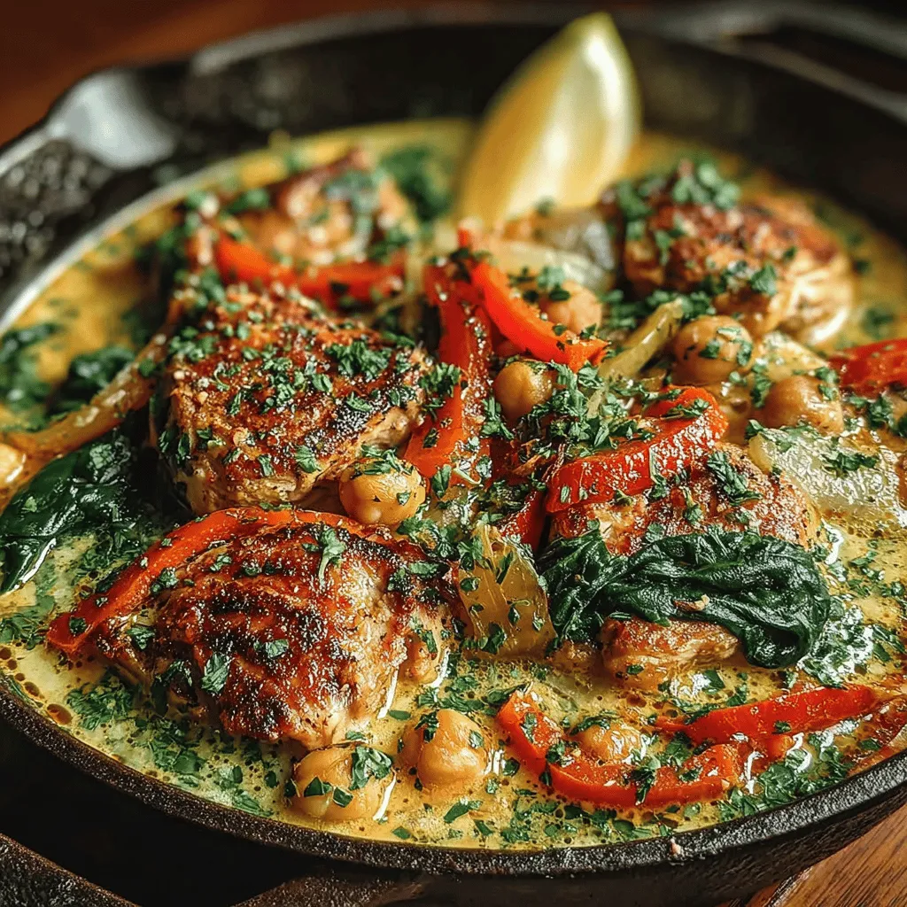<strong>Introduction</strong>” /></p>
</p>
<h2>The Significance of Sautéing Onions and Garlic Together</h2>
</p>
<p>Sautéing onions and garlic is a foundational technique in many culinary traditions, and it’s particularly crucial in this Creamy Chickpea and Chicken Skillet. When you sauté these aromatics, the heat transforms their natural flavors, releasing sweetness and depth that form the base of the dish.</p>
</p>
<p>Onions become translucent, softening their bite, while garlic infuses the oil with its pungent essence, creating a fragrant backdrop for the other ingredients. This step not only enhances the overall flavor profile but also sets the stage for the spices and proteins to shine. The combination of sautéed onions and garlic brings a warmth and comfort that makes this dish irresistible.</p>
</p>
<h2>How Spices Like Smoked Paprika and Cumin Contribute to the Dish’s Depth</h2>
</p>
<p>Incorporating spices into your cooking is a wonderful way to add layers of flavor, and in this recipe, smoked paprika and cumin are the stars.</p>
</p>
<p>– <strong>Smoked Paprika</strong>: This spice introduces a rich, smoky undertone that complements the earthiness of the chickpeas and the savory notes of the chicken. Its vibrant red hue also enhances the dish visually, making it more appealing.</p>
</p>
<p>– <strong>Cumin</strong>: Known for its warm, nutty flavor, cumin adds depth and complexity. It pairs beautifully with the chickpeas, enhancing their natural creaminess while contributing to the overall savory profile of the skillet.</p>
</p>
<p>Together, these spices create a warm and inviting aroma that fills your kitchen, inviting everyone to gather around the table.</p>
</p>
<h2>Creating the Sauce: Combining Liquids for Creaminess</h2>
</p>
<h3>The Process of Integrating Chicken Broth and Coconut Milk</h3>
</p>
<p>To achieve the creamy texture that makes this dish stand out, you will combine chicken broth and coconut milk.</p>
</p>
<p>1. <strong>Chicken Broth</strong>: This adds a savory base and enhances the chicken flavor. Opt for low-sodium broth to control the saltiness of the dish.</p>
</p>
<p>2. <strong>Coconut Milk</strong>: This is the secret ingredient that makes the sauce luxuriously creamy. The natural fats from the coconut milk provide richness without overpowering the other flavors. Use full-fat coconut milk for the best results, as it creates a velvety texture that coats the chicken and chickpeas beautifully.</p>
</p>
<p>When you pour both liquids into the skillet, stir gently to combine. Allow the mixture to come to a gentle simmer, which will help meld the flavors together and create a cohesive sauce.</p>
</p>
<h3>Understanding the Simmering Process and Its Role in Flavor Melding</h3>
</p>
<p>Simmering is a crucial step in this recipe. Once your sauce is combined and begins to heat, reduce the heat to low and let it simmer. This allows the flavors to meld, enhancing the overall taste of the dish.</p>
</p>
<p>During simmering, the chicken will continue to cook through and absorb the flavors of the broth, coconut milk, and spices. The chickpeas soften further, soaking up the creamy sauce while maintaining their texture. Aim for a simmer of about 10-15 minutes, stirring occasionally to ensure the sauce doesn’t stick to the pan. This process not only ensures that the chicken is cooked through but also creates a delightful sauce that will cling to your chosen base.</p>
</p>
<h2>Final Touches: Incorporating Spinach and Lemon</h2>
</p>
<h3>Tips on Adding Greens to Maintain Their Color and Nutrients</h3>
</p>
<p>As the skillet nears completion, it’s time to add a handful of fresh spinach. Not only does spinach add a vibrant green color, but it also packs a nutritional punch. To maintain its bright color and nutrients, add the spinach towards the end of the cooking process.</p>
</p>
<p>1. <strong>Timing</strong>: Add the spinach just a couple of minutes before serving. This will allow it to wilt slightly but retain its vibrant color and beneficial nutrients.</p>
</p>
<p>2. <strong>Stirring</strong>: Gently stir the spinach into the sauce, allowing it to mix well with the creamy base without overcooking.</p>
</p>
<h3>The Impact of Fresh Lemon Juice on Flavor Brightness</h3>
</p>
<p>To finish the dish, a squeeze of fresh lemon juice adds a bright, zesty note that balances the richness of the coconut milk and enhances all the flavors. The acidity from the lemon cuts through the creamy sauce, preventing it from feeling heavy.</p>
</p>
<p>– <strong>How to Add</strong>: Squeeze half a lemon over the skillet right before serving. Taste and adjust if necessary—you may want to add a bit more lemon juice to suit your palate.</p>
</p>
<p>This final touch elevates the dish, making it not only flavorful but refreshing.</p>
</p>
<h2>Cooking Time and Serving Suggestions</h2>
</p>
<h3>Overview of Prep and Cooking Times</h3>
</p>
<p>Preparing this Creamy Chickpea and Chicken Skillet is quick and straightforward, perfect for busy weeknights or meal prep.</p>
</p>
<p>– <strong>Prep Time</strong>: 15 minutes</p>
<p>– <strong>Cooking Time</strong>: 35 minutes</p>
<p>– <strong>Total Time</strong>: 50 minutes</p>
</p>
<h3>Ideal for Weeknight Meals or Meal Prep</h3>
</p>
<p>This dish is ideal for those who want a hearty meal without spending hours in the kitchen. Since it holds up well in the fridge, it’s a great option for meal prep. You can easily double the recipe and enjoy it throughout the week.</p>
</p>
<h3>Serving Ideas: Pairing Options for a Complete Meal</h3>
</p>
<p>When it comes to serving, this creamy skillet dish pairs beautifully with various sides:</p>
</p>
<p>– <strong>Over Rice or Quinoa</strong>: Serve the skillet over a bed of fluffy white rice or nutty quinoa to absorb the delicious sauce.</p>
</p>
<p>– <strong>With Crusty Bread</strong>: A piece of crusty bread or a warm naan makes for a delightful addition, perfect for dipping into the creamy sauce.</p>
</p>
<p>– <strong>Side Dishes</strong>: Consider pairing it with a simple green salad, roasted vegetables, or a side of sautéed greens to round out your meal. These sides not only complement the flavors of the skillet but also add extra nutrients to your plate.</p>
</p>
<h2>Nutritional Information</h2>
</p>
<h3>Detailed Nutritional Breakdown Per Serving</h3>
</p>
<p>Understanding the nutritional value of your meals is essential for maintaining a balanced diet. Here’s a breakdown of the estimated nutritional content per serving of the Creamy Chickpea and Chicken Skillet:</p>
</p>
<p>– <strong>Calories</strong>: Approximately 400-450 calories</p>
<p>– <strong>Protein</strong>: 30-35 grams</p>
<p>– <strong>Carbohydrates</strong>: 30-35 grams</p>
<p>– <strong>Fat</strong>: 15-20 grams</p>
</p>
<h3>Health Benefits of Consuming Balanced Meals with Protein and Fiber</h3>
</p>
<p>This dish is not only delicious but also nutritious, offering a balance of protein from the chicken and chickpeas, fiber, and healthy fats from the coconut milk.</p>
</p>
<p>– <strong>Protein</strong>: Essential for muscle repair and growth, making this dish perfect for post-workout meals.</p>
</p>
<p>– <strong>Fiber</strong>: Chickpeas are an excellent source of dietary fiber, which aids in digestion and helps keep you feeling fuller for longer.</p>
</p>
<p>– <strong>Healthy Fats</strong>: The coconut milk provides healthy fats that can support heart health and help with nutrient absorption.</p>
</p>
<h2>Conclusion</h2>
</p>
<p>The Creamy Chickpea and Chicken Skillet is a dish that brings simplicity, flavor, and nutritional value together in one bowl. With its creamy coconut sauce, tender chicken, and hearty chickpeas, it’s a meal that satisfies both the palate and the body.</p>
</p>
<p>Don’t hesitate to experiment with variations or ingredient substitutions based on your personal preferences. You could easily swap the chicken for tofu or add other vegetables like bell peppers or zucchini for extra nutrition.</p>
</p>
<p>Ultimately, this dish is a wholesome and satisfying meal option for any occasion, whether it’s a busy weeknight or a relaxed weekend dinner. Enjoy the process of cooking and the delightful flavors that come together in this creamy skillet dish!</p>
</div>