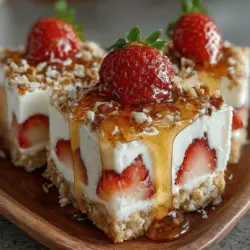 Indulging in a sweet, healthy snack doesn't have to be a guilty pleasure. The Berry Bliss No-Bake Strawberry Yogurt Crunch Bars are the perfect solution for those craving something delicious yet nutritious. These bars are a delightful blend of rolled oats, creamy Greek yogurt, and fresh strawberries, making them an ideal treat for any time of the day. Not only are they easy to prepare, but they are also packed with wholesome ingredients that will fuel your body and satisfy your sweet tooth.