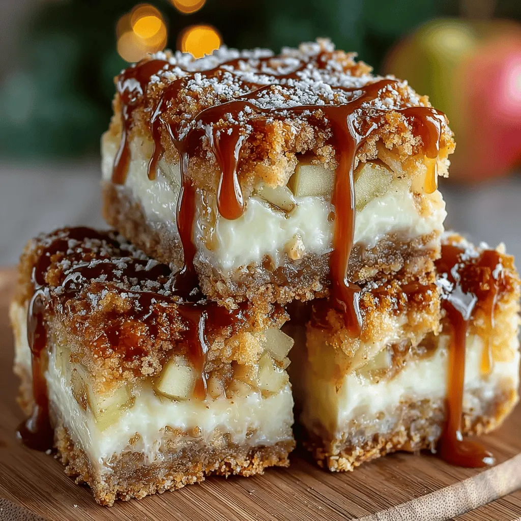 - <strong>For the Crust:</strong> – 1 ½ cups graham cracker crumbs – ⅓ cup granulated sugar – ½ cup unsalted butter, melted – 1 teaspoon ground cinnamon” /></p>
</p>
<h2>Tips for Perfecting Your Caramel Apple Cheesecake Bars</h2>
</p>
<h3>Crust Baking Tips</h3>
<p>Achieving the ideal crust texture is crucial for the overall success of your cheesecake bars. Here are some tips:</p>
</p>
<p>– <strong>Use Cold Ingredients</strong>: Make sure your butter is cold and cubed before mixing it with the dry ingredients. This helps create a flaky texture.</p>
<p>– <strong>Do Not Overmix</strong>: When combining the crust ingredients, mix just until they come together. Overmixing can lead to a tough crust.</p>
<p>– <strong>Pre-Bake Properly</strong>: Bake the crust until it is lightly golden. This step is essential for preventing a soggy bottom and ensuring your bars hold their shape.</p>
</p>
<h3>Cooking the Apples</h3>
<p>To get perfectly softened apples that still retain their structure, follow these tips:</p>
</p>
<p>– <strong>Slice Evenly</strong>: Cut your apples into uniform pieces to ensure they cook evenly. Thinner slices will soften faster, while thicker pieces will retain more crunch.</p>
<p>– <strong>Use the Right Heat</strong>: Cook the apples on medium heat with a little butter until they begin to soften, but keep an eye on them to prevent mushiness.</p>
<p>– <strong>Cornstarch’s Role</strong>: Cornstarch acts as a thickening agent, helping to absorb excess moisture from the apples. This prevents the filling from becoming watery. Mix it well with the apples after they’ve softened to ensure even distribution.</p>
</p>
<h3>Making the Cheesecake Filling</h3>
<p>A smooth and creamy cheesecake filling is the heart of your dessert. Here’s how to achieve that:</p>
</p>
<p>– <strong>Room Temperature Ingredients</strong>: Ensure cream cheese and eggs are at room temperature before mixing. This helps them blend more easily and reduces the risk of lumps.</p>
<p>– <strong>Mixing Technique</strong>: Start by beating the cream cheese alone until smooth before gradually adding sugar and other ingredients. This method minimizes lumps and achieves a creamy texture.</p>
<p>– <strong>Incorporate Air Gently</strong>: When adding eggs, mix just until combined. Overbeating can introduce too much air, which may lead to cracks during baking.</p>
</p>
<h3>Assembling the Bars</h3>
<p>The layering of the bars enhances both flavor and presentation. Follow these steps:</p>
</p>
<p>– <strong>Layering</strong>: Spread the cheesecake filling evenly over the crust, then layer the apples on top. This helps to keep the apples from sinking into the filling.</p>
<p>– <strong>Swirl Technique</strong>: For a decorative look, use a knife to gently swirl the apple mixture into the cheesecake filling, creating a marbled effect.</p>
</p>
<h3>Baking the Cheesecake Bars</h3>
<p>Proper baking ensures the perfect texture. Pay attention to these cues:</p>
</p>
<p>– <strong>Check for Doneness</strong>: The cheesecake should be set around the edges but slightly jiggly in the center. It will firm up as it cools.</p>
<p>– <strong>Cooling Techniques</strong>: Allow the bars to cool in the pan for about an hour, then transfer to the fridge. This gradual cooling helps reduce the chance of cracking.</p>
</p>
<h3>Chilling and Topping the Bars</h3>
<p>Chilling your bars is vital for flavor and texture:</p>
</p>
<p>– <strong>Chill Time</strong>: Allow the cheesecake bars to chill for at least 4 hours, or overnight if possible. This enhances the flavors and allows the filling to set properly.</p>
<p>– <strong>Drizzling Caramel</strong>: Once chilled, drizzle warmed caramel sauce over the top just before serving. This adds a lovely touch and makes for an eye-catching presentation.</p>
</p>
<h2>Serving Suggestions for Caramel Apple Cheesecake Bars</h2>
<p>Elevate your dessert experience with these serving ideas:</p>
</p>
<p>– <strong>Garnish Options</strong>: Consider topping the bars with whipped cream, chopped nuts, or a sprinkle of cinnamon for added flavor and texture.</p>
<p>– <strong>Pairings</strong>: These bars pair beautifully with a cup of coffee, spiced cider, or even a scoop of vanilla ice cream for a delightful contrast in temperature and flavor.</p>
</p>
<h2>Conclusion</h2>
<p>Caramel apple cheesecake bars are more than just a dessert; they are a delightful combination of flavors that bring warmth and joy to any gathering. This recipe not only showcases the balance of creamy cheesecake and tart apples but also highlights the importance of each component in creating a harmonious dessert. By following the detailed instructions and understanding the significance of each layer, you can create a mouthwatering treat that will have everyone coming back for seconds. Whether enjoyed at a special celebration or as a comforting dessert at home, these bars are sure to become a favorite in your baking repertoire.</p>
<div id=
