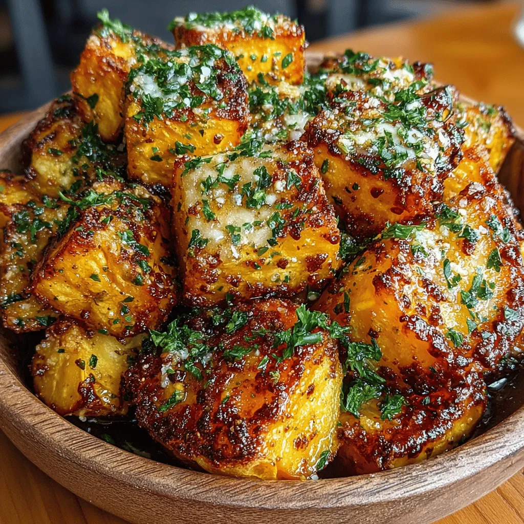 - 2 large sweet potatoes, peeled and cubed - 3 tablespoons olive oil - 1/2 cup grated Parmesan cheese - 1 teaspoon garlic powder - 1 teaspoon onion powder - 1 teaspoon smoked paprika - Salt, to taste - Black pepper, to taste - Fresh parsley, chopped (for garnish)