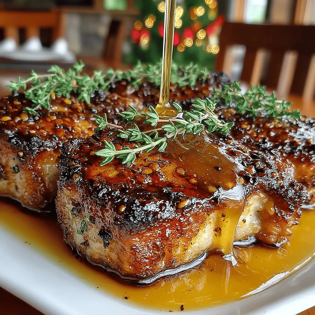 - 4 bone-in pork chops (about 1 inch thick) - Salt and freshly ground black pepper, to taste - 2 tablespoons olive oil - 1 cup pure, unsweetened apple cider - 2 tablespoons brown sugar - 1 tablespoon Dijon mustard - 1 teaspoon fresh thyme leaves, chopped - 1/2 teaspoon ground cinnamon