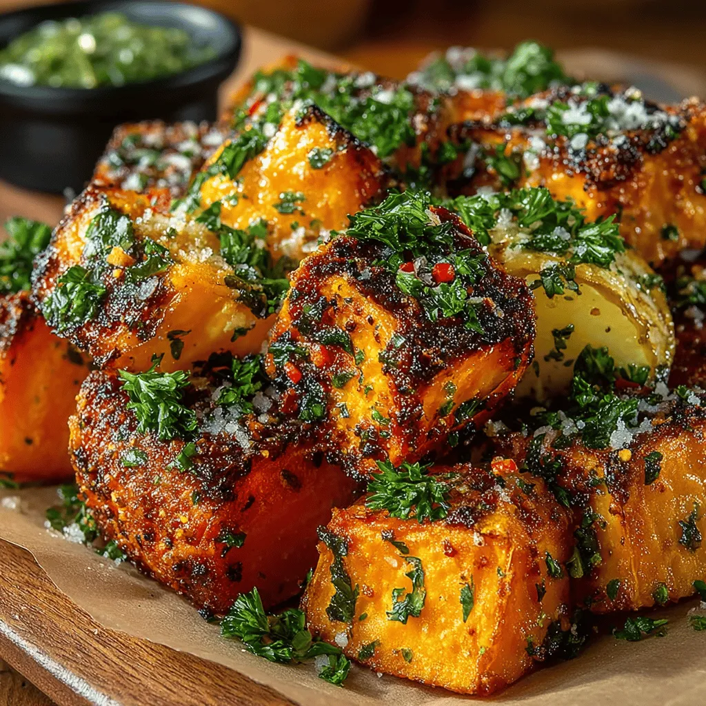 - 2 large sweet potatoes - 3 tablespoons olive oil - 1 teaspoon garlic powder - 1 teaspoon onion powder - 1 teaspoon smoked paprika - 1/4 teaspoon cayenne pepper (optional) - Salt and black pepper to taste - 1/2 cup grated Parmesan cheese - Fresh parsley for garnish