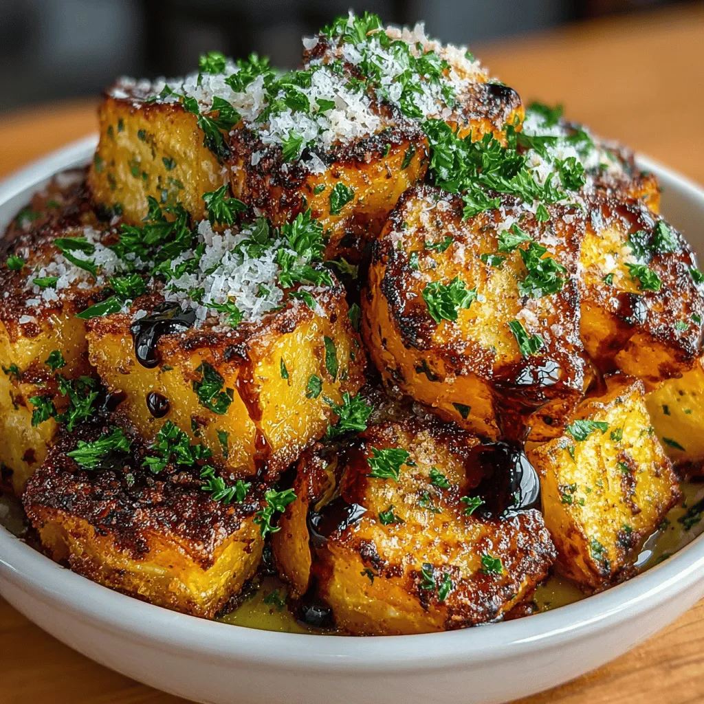 - 2 large sweet potatoes - 3 tablespoons olive oil - 1 teaspoon garlic powder - 1 teaspoon smoked paprika - 1 teaspoon Italian seasoning - 1/2 teaspoon salt - 1/4 teaspoon black pepper - 1/2 cup grated Parmesan cheese - Fresh parsley, chopped (for garnish) - Balsamic glaze (for drizzling)