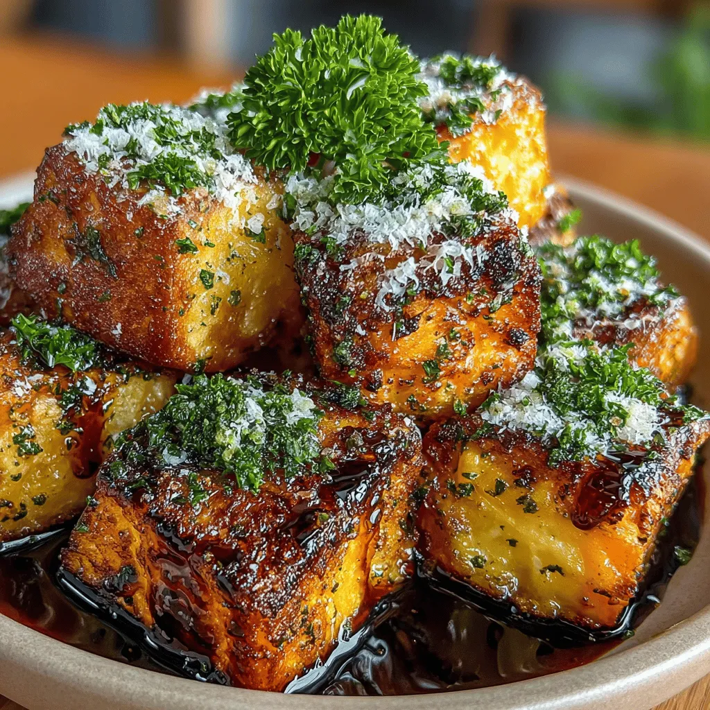- 2 large sweet potatoes - 3 tablespoons olive oil - 1 teaspoon garlic powder - 1 teaspoon smoked paprika - 1 teaspoon Italian seasoning - 1/2 teaspoon salt - 1/4 teaspoon black pepper - 1/2 cup grated Parmesan cheese - Fresh parsley, chopped (for garnish) - Balsamic glaze (for drizzling)