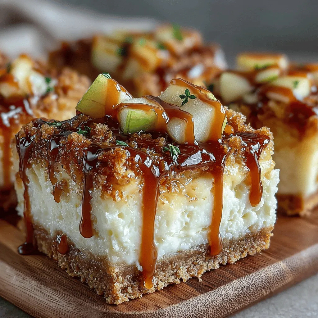 - <strong>For the Graham Cracker Crust:</strong> – 1 ½ cups graham cracker crumbs – ¼ cup granulated sugar – ½ cup unsalted butter, melted” /></p>
</p>
<h2>Tips for Preparing the Crust</h2>
</p>
<p>Creating a solid foundation for your Caramel Apple Cheesecake Bars starts with the crust. Use graham cracker crumbs for a classic flavor, but you can also substitute with crushed cookies or nuts for a unique twist. It’s essential to press the crust mixture firmly into the bottom of your baking dish. This ensures a sturdy base that holds together when you slice the bars. Use the back of a measuring cup or your fingers to create an even layer, and don’t skip the chilling step before adding the filling; this helps the crust set properly.</p>
</p>
<h2>Making the Cheesecake Filling</h2>
</p>
<p>Achieving the perfect cheesecake filling is all about balance. Start with softened cream cheese, as this allows for smoother mixing. When combining the ingredients, mix on low speed to avoid incorporating too much air, which can lead to cracks in your cheesecake. Once the filling is creamy and well-combined, stop mixing to prevent overmixing. Remember, a little bit of air is good, but too much can ruin the texture of your bars.</p>
</p>
<h2>Preparing the Apple Topping</h2>
</p>
<p>To create a delicious apple topping, choose firm apples like Granny Smith or Honeycrisp. Peel and core the apples, then slice them uniformly to ensure even cooking. Sauté the apples in butter until they are tender but still hold their shape. This step is crucial; you want the apples to soften without becoming mushy, which would detract from the texture of the bars. Adding a sprinkle of cinnamon and a touch of brown sugar can enhance their natural sweetness and flavor.</p>
</p>
<h2>Assembling the Bars</h2>
</p>
<p>When assembling your Caramel Apple Cheesecake Bars, start by pouring the cheesecake filling over the crust. Use a spatula to spread it evenly, ensuring every bite has a consistent flavor. Next, layer the sautéed apples on top of the filling, distributing them evenly to create a beautiful presentation. A drizzle of caramel can be added at this stage for extra sweetness, but be cautious not to overload it, as the bars should be balanced in flavor.</p>
</p>
<h2>Baking the Bars</h2>
</p>
<p>Baking times can vary, but a good rule of thumb is to bake the bars until the edges are set and the center has a slight jiggle. This typically takes around 40-45 minutes at 325°F. To prevent overbaking, keep a close eye on them in the last few minutes. Once baked, let them cool slightly in the pan before transferring them to the refrigerator to chill completely. This step is vital for achieving the perfect cut when it’s time to serve.</p>
</p>
<h2>Chilling and Serving</h2>
</p>
<p>Allowing the bars to chill for at least four hours, or preferably overnight, lets the flavors meld beautifully. This cooling period also firms up the cheesecake, making it easier to slice. When ready to serve, cut the bars into squares and consider garnishing with additional caramel sauce or whipped cream for an extra touch. These bars can be served chilled or at room temperature, depending on your preference.</p>
</p>
<h2>Flavor Variations and Customizations</h2>
</p>
<p>One of the joys of baking is experimenting with flavors. For your Caramel Apple Cheesecake Bars, consider adding chopped nuts like pecans or walnuts to the crust for an added crunch. You could also incorporate spices such as nutmeg or allspice into the apple topping for a warm, inviting flavor. If you love chocolate, try drizzling melted chocolate over the bars before serving or folding chocolate chips into the cheesecake filling for a delightful twist.</p>
</p>
<h2>The Perfect Occasions for Serving Caramel Apple Cheesecake Bars</h2>
</p>
<p>These bars are incredibly versatile and perfect for a variety of occasions. They make an excellent dessert for fall gatherings, Thanksgiving celebrations, or cozy family nights at home. Their delicious flavor and beautiful presentation make them a hit at potlucks or dinner parties as well. Whether enjoyed with a cup of coffee or served at a festive event, these bars are sure to impress.</p>
</p>
<h2>Conclusion</h2>
</p>
<p>Creating caramel apple cheesecake bars is not just about following a recipe; it’s about embracing the joy of home baking. The combination of creamy cheesecake, sweet apples, and rich caramel encapsulates the warmth of shared moments with loved ones. We encourage you to try this recipe, experiment with your variations, and share your experiences. Enjoy the delicious results of your efforts with family and friends, and savor the satisfaction that comes from baking from scratch.</p>
<div id=