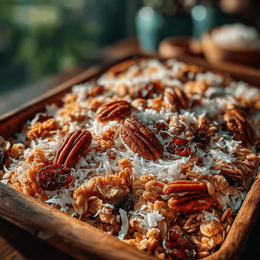 - 3 cups old-fashioned rolled oats - 1 cup pecan halves - 1 cup shredded coconut (unsweetened) - 1/2 cup sunflower seeds - 1/4 cup coconut oil (melted) - 1/2 cup pure maple syrup - 1/4 cup brown sugar - 1 teaspoon vanilla extract - 1 teaspoon ground cinnamon - 1/2 teaspoon salt