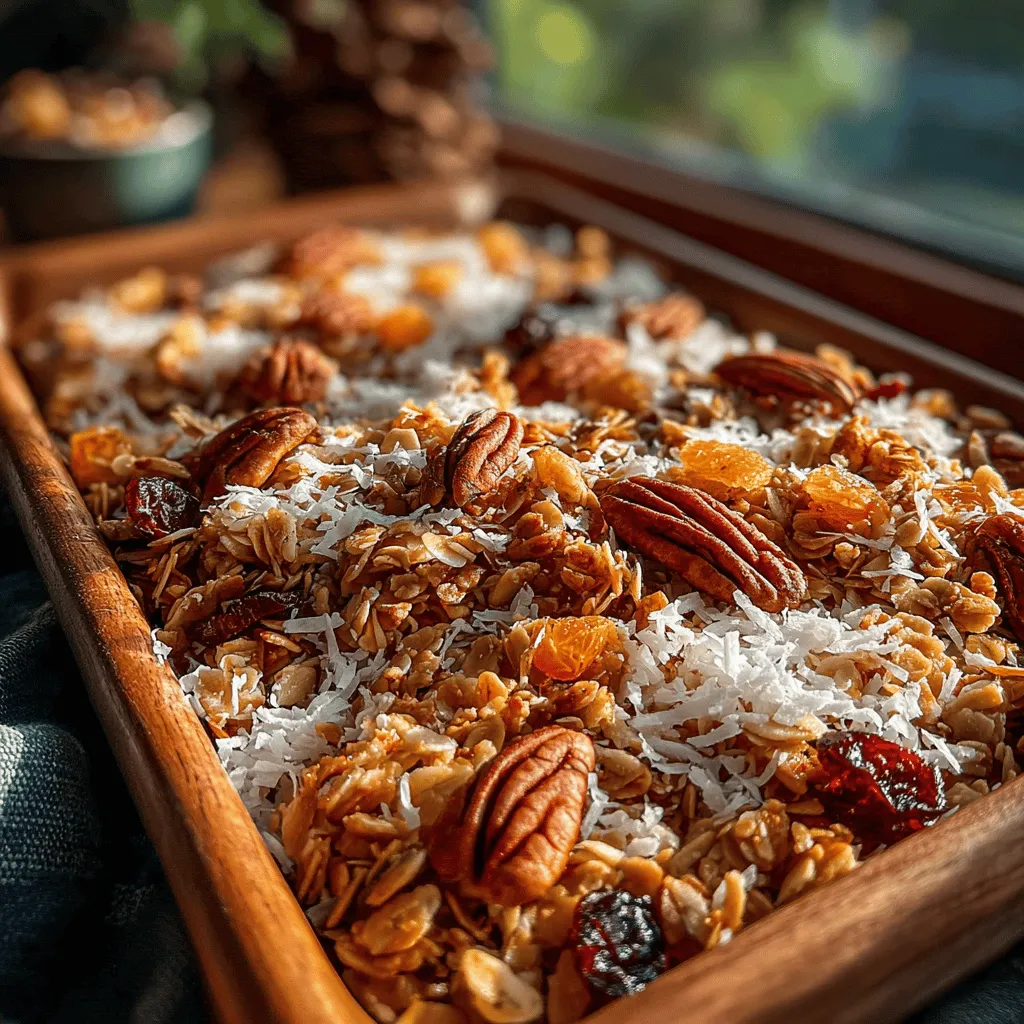 - 3 cups old-fashioned rolled oats - 1 cup pecan halves - 1 cup shredded coconut (unsweetened) - 1/2 cup sunflower seeds - 1/4 cup coconut oil (melted) - 1/2 cup pure maple syrup - 1/4 cup brown sugar - 1 teaspoon vanilla extract - 1 teaspoon ground cinnamon - 1/2 teaspoon salt