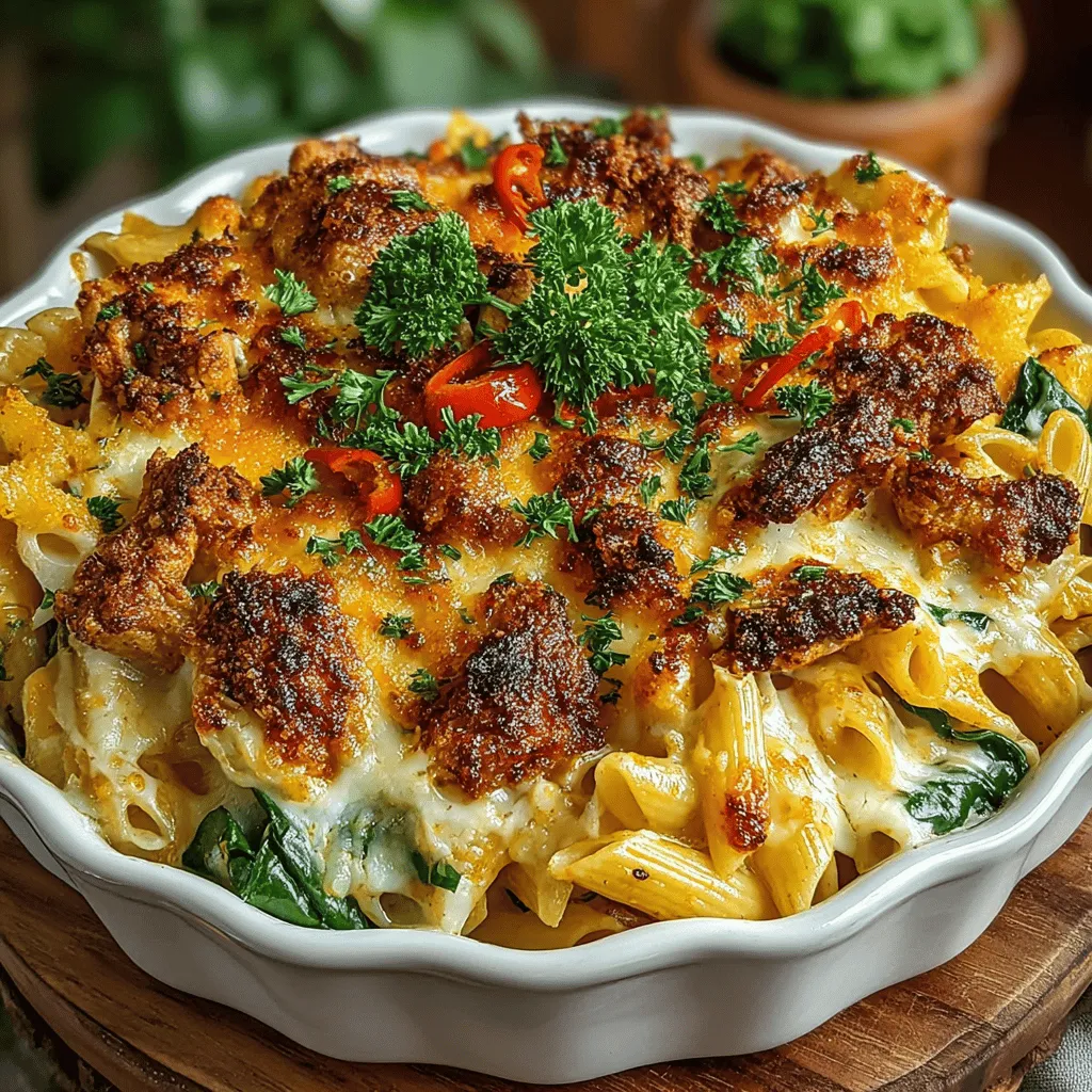 - 8 ounces penne pasta - 1 pound boneless, skinless chicken breasts - 1 tablespoon olive oil - 1 medium onion, diced - 1 red bell pepper, diced - 2 cups fresh spinach - 2 teaspoons Cajun seasoning - 1 teaspoon smoked paprika - 1 cup heavy cream - 1 cup chicken broth - 1 cup shredded cheddar cheese - 1/2 cup grated Parmesan cheese - Salt and pepper to taste - Fresh parsley, for garnish (optional)