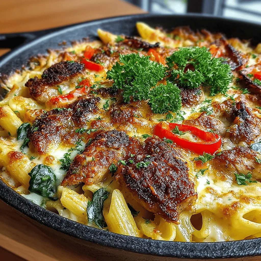 - 8 ounces penne pasta - 1 pound boneless, skinless chicken breasts - 1 tablespoon olive oil - 1 medium onion, diced - 1 red bell pepper, diced - 2 cups fresh spinach - 2 teaspoons Cajun seasoning - 1 teaspoon smoked paprika - 1 cup heavy cream - 1 cup chicken broth - 1 cup shredded cheddar cheese - 1/2 cup grated Parmesan cheese - Salt and pepper to taste - Fresh parsley, for garnish (optional)