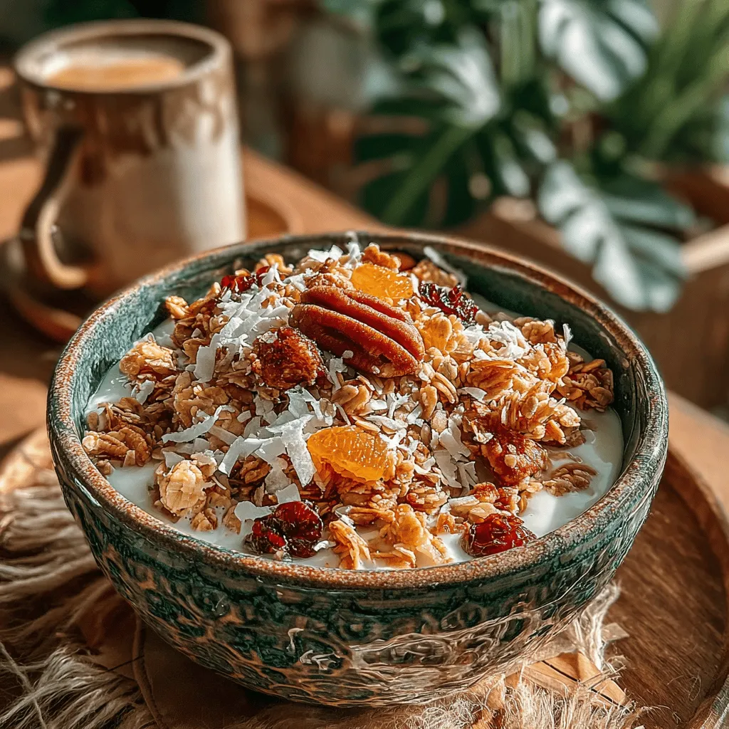 - 3 cups old-fashioned rolled oats - 1 cup pecans, chopped - 1 cup unsweetened coconut flakes - 1/2 cup sunflower seeds - 1/2 cup pure maple syrup - 1/4 cup coconut oil, melted - 1/2 teaspoon salt - 1 teaspoon ground cinnamon - Optional: 1/2 cup dried cranberries or raisins