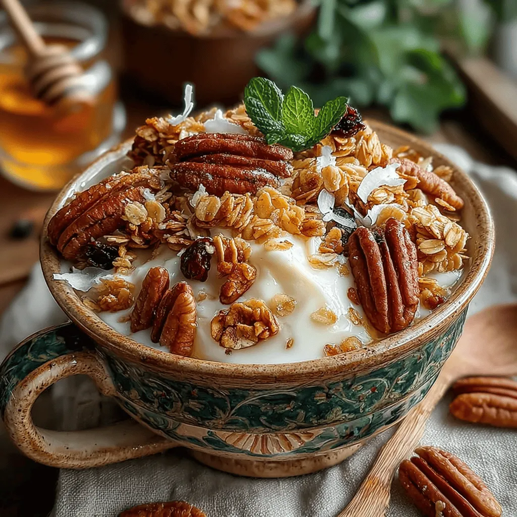 - 3 cups old-fashioned rolled oats - 1 cup pecans, chopped - 1 cup unsweetened coconut flakes - 1/2 cup sunflower seeds - 1/2 cup pure maple syrup - 1/4 cup coconut oil, melted - 1/2 teaspoon salt - 1 teaspoon ground cinnamon - Optional: 1/2 cup dried cranberries or raisins