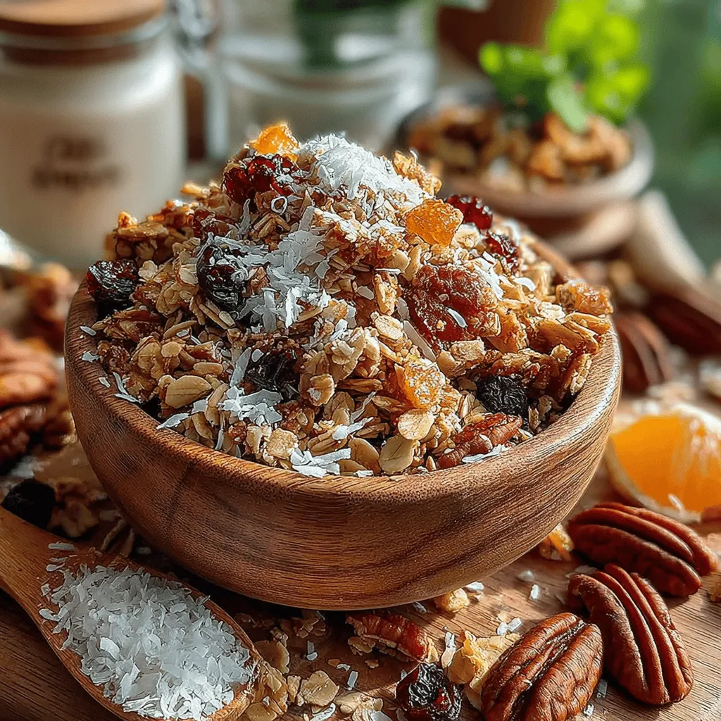 - 3 cups rolled oats - 1 cup pecans, chopped - 1 cup unsweetened coconut flakes - 1/2 cup sunflower seeds - 1/2 cup pumpkin seeds - 1/2 cup pure maple syrup - 1/4 cup coconut oil, melted - 1 teaspoon vanilla extract - 1/2 teaspoon salt - 1 teaspoon cinnamon (optional)