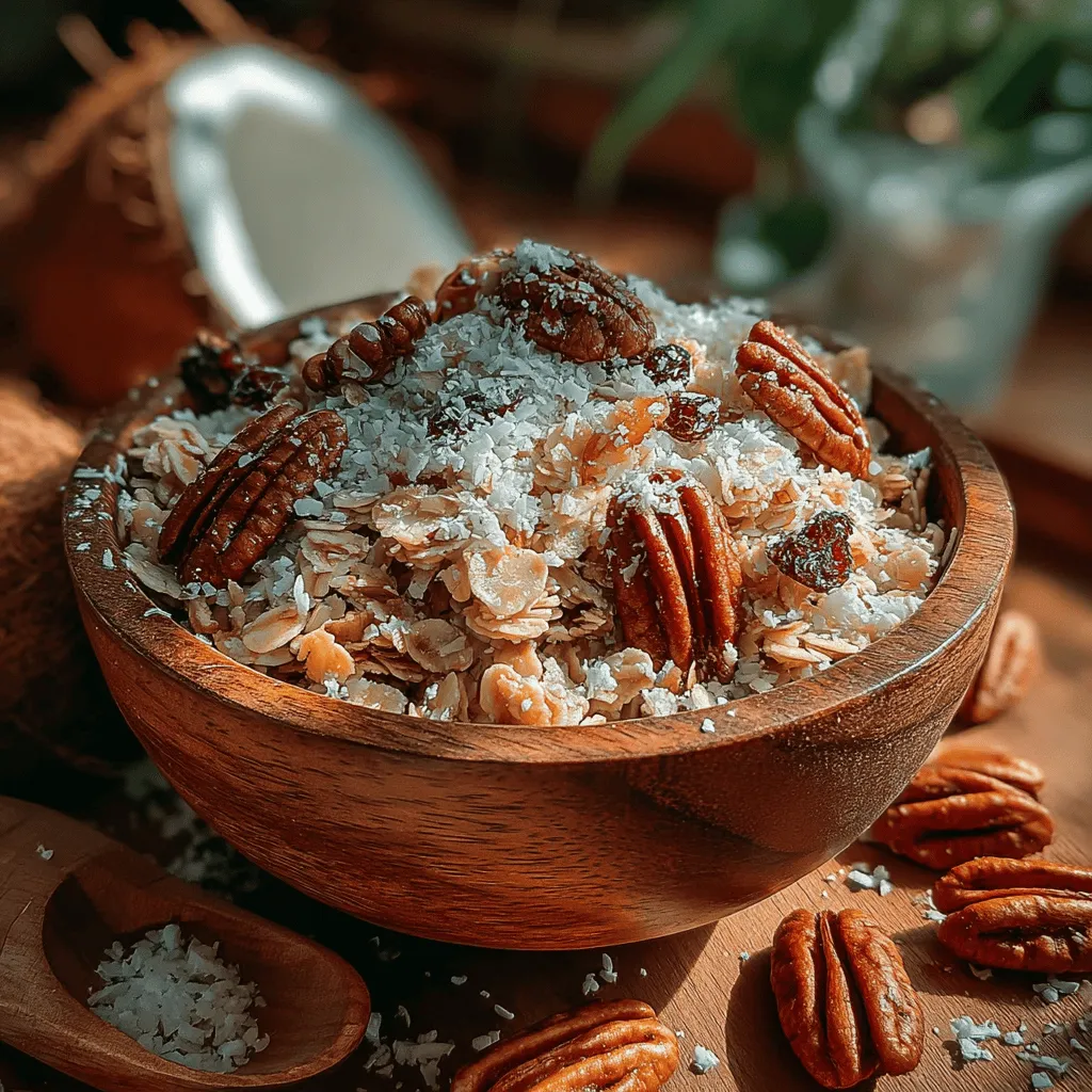 - 3 cups rolled oats - 1 cup pecans, chopped - 1 cup unsweetened coconut flakes - 1/2 cup sunflower seeds - 1/2 cup pumpkin seeds - 1/2 cup pure maple syrup - 1/4 cup coconut oil, melted - 1 teaspoon vanilla extract - 1/2 teaspoon salt - 1 teaspoon cinnamon (optional)