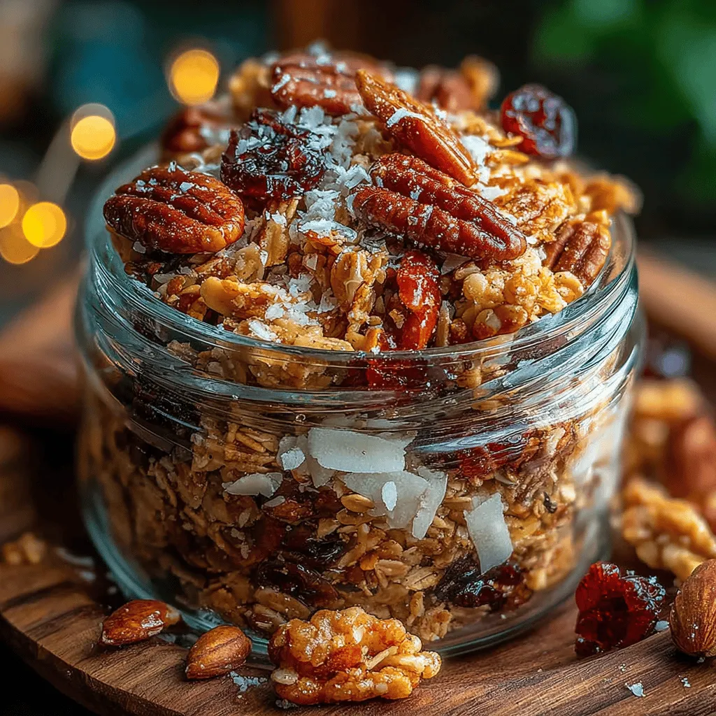 - 3 cups rolled oats - 1 cup pecans, chopped - 1 cup unsweetened shredded coconut - 1/2 cup sunflower seeds - 1 teaspoon ground cinnamon - 1/2 cup pure maple syrup - 1/4 cup coconut oil, melted - 1 cup optional dried fruits (such as cranberries or raisins)