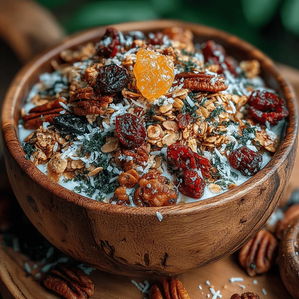 - 3 cups rolled oats - 1 cup pecans, chopped - 1 cup unsweetened shredded coconut - 1/2 cup sunflower seeds - 1 teaspoon ground cinnamon - 1/2 cup pure maple syrup - 1/4 cup coconut oil, melted - 1 cup optional dried fruits (such as cranberries or raisins)
